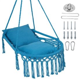 Navy Boho Macrame Hanging Swing Chair with 2 Padded Cushions, 330LBS Capacity Hammock Chair for Indoor Outdoor Bedroom Patio Balcony (Option: Default Title)