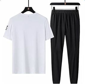 Men's Suit Thin Loose Round Collar Solid Color Short Sleeve T-shirt Trousers Sports Two-piece Suit (Color: WHITE-XL)