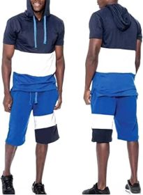 Men's Casual Stitching Color 2 Piece Short Sets Outfits Loose Hooded Short-Sleeved T-shirt + Shorts Siuts (Color: 02-L)