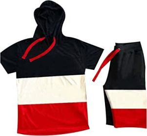 Men's Casual Stitching Color 2 Piece Short Sets Outfits Loose Hooded Short-Sleeved T-shirt + Shorts Siuts (Color: 03-S)