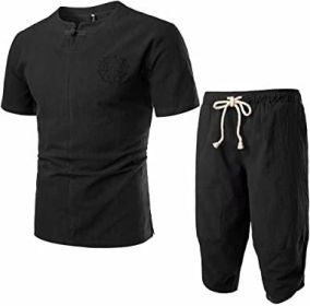 Men's Embroidered Short Sleeved T-shirt and Cropped Trousers Two-piece suit (Specification: Black-XL)