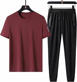 Men's Suit Thin Loose Round Collar Solid Color Short Sleeve T-shirt Trousers Sports Two-piece Suit (Color: RED-XL)