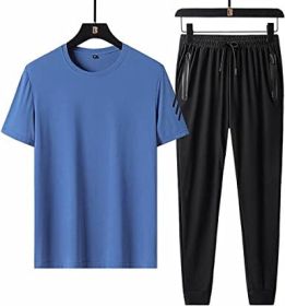 Men's Suit Thin Loose Round Collar Solid Color Short Sleeve T-shirt Trousers Sports Two-piece Suit (Color: BLUE-XL)