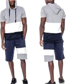 Men's Casual Stitching Color 2 Piece Short Sets Outfits Loose Hooded Short-Sleeved T-shirt + Shorts Siuts (Color: 01-S)