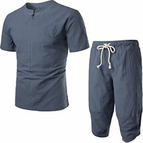 Men's Embroidered Short Sleeved T-shirt and Cropped Trousers Two-piece suit (Specification: Gray-L)