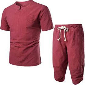 Men's Embroidered Short Sleeved T-shirt and Cropped Trousers Two-piece suit (Specification: Red-XXL)