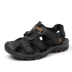 Summer new men's first layer cowhide overhead sandals comfortable outdoor casual men's sandals (Color: Black, size: 46)