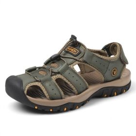Summer new men's first layer cowhide overhead sandals comfortable outdoor casual men's sandals (Color: Dark green, size: 39)