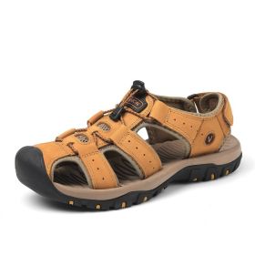 Summer new men's first layer cowhide overhead sandals comfortable outdoor casual men's sandals (Color: Light brown, size: 46)