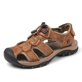 Summer new men's first layer cowhide overhead sandals comfortable outdoor casual men's sandals (Color: Brown, size: 42)