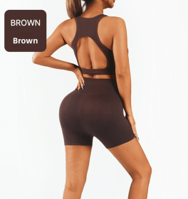 Workout Sets for Women 2 Piece High Waisted Seamless Leggings with Padded Stretchy Sports Bra Sets Gym Clothes (Color: Brown, size: XL)